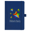 A blue bound journal with a decorative star design and a logo. It has an elastic closure and is pocket-sized.