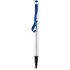 A silver stylus pen featuring a blue rubber grip and a clip for easy attachment.