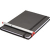 A black notebook with a red and silver stylus pen resting on top, secured with an elastic band. It has a logo.