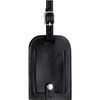 A black leather luggage tag with a metal buckle and a slot for identification. Features stitching details and a logo.