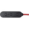 A black control unit with three buttons and a red cable, designed for Bluetooth earbuds.