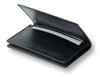 A black leather business card holder featuring two slots for cards and an open design.