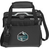 A black lunch cooler featuring a grey handle and shoulder strap, with a logo on the front.