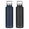 A drink bottle set featuring a navy blue and a black insulated design, both with a handle and a logo.