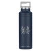 A drink bottle in navy blue, featuring a stainless steel design and a logo, with a double-wall thermal insulation.