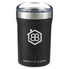 A drink bottle in matte black with a stainless steel lid and a logo. It features an insulated design for temperature control.