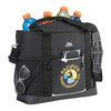 A black cooler bag featuring a logo, multiple drink bottles, and pockets for accessories.