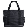 A black cooler bag with sturdy handles and mesh side pockets, featuring a logo on the front.