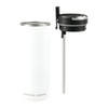 A drink bottle featuring a white body with a black lid and a stainless steel straw, includes branding.