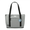 A grey expandable cooler bag with black straps, featuring a front pocket and a logo tag.