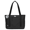 A black expandable cooler bag with dual handles and a logo, featuring a zippered pocket on the front.