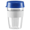 A drink bottle made of clear plastic with a blue lid and a white silicone band, holding 360ml.