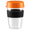 A drink bottle with an orange lid, black band, and clear body, featuring a logo. Capacity of 360ml.