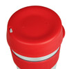 A drink bottle featuring a red silicone lid and a stainless steel body, designed as a reusable coffee cup.
