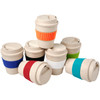A drink bottle featuring a reusable bamboo mix design, available in various colours with a textured grip and lid.