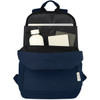A navy blue laptop backpack with a bottle, notebooks, and a folder visible inside. It features a logo on the exterior.