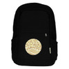A black laptop backpack featuring a circular design with intricate patterns. It has side pockets and a logo.