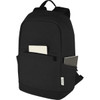 A black recycled canvas laptop backpack with two side pockets, designed for anti-theft and holds a laptop up to 15 inches.