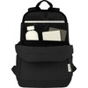 A black laptop backpack with a front pocket, a drink bottle, and notebooks visible inside. Features a branding logo.