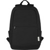 A black recycled canvas laptop backpack with anti-theft features and multiple compartments. It has adjustable straps and a logo.