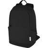 A black laptop backpack with a sleek design, featuring multiple pockets and a branding logo.