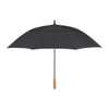 A black recycled golf umbrella with a wooden handle and a sturdy frame. It features a branding logo.