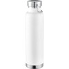 A drink bottle in white with a stainless steel lid and base, featuring a loop for easy carrying.