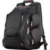 A black, checkpoint-friendly compu-backpack with multiple zippered compartments and a mesh side pocket.