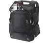 A black checkpoint-friendly laptop backpack with multiple compartments and zippers, featuring a handle on top.