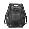 A black backpack with multiple compartments and mesh side pockets, featuring a branding logo on the front.