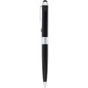 A black stylus pen with a silver band and clip, featuring both a ballpoint and stylus tip.