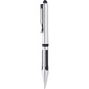 A silver ballpoint stylus pen with black grip accents and a clip, featuring a logo.
