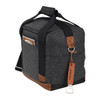 A drink bottle cooler bag in grey with brown accents, featuring a shoulder strap and a bottle opener attachment.