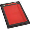 A red journal and orange pen packaged together in a black gift box with foam insert.