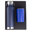 A drink bottle and tumbler set in navy blue, presented in a black gift box with a textured insert.