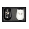 A drink cup giftset featuring a black and a white insulated cup, both with branding, in a gift box.