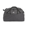 A grey duffel bag with a logo, featuring dual handles and adjustable straps for versatile carrying.