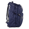 A navy backpack with multiple compartments, zippers, and adjustable straps. It features a logo on the side.