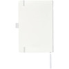 A white journal with a smooth cover, featuring a ribbon bookmark and an elastic closure; includes a logo.