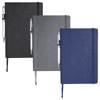 A set of three Modena Bound JournalBooks in black, grey, and navy, each with a pen attached and an embossed texture.