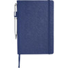 A navy blue journal with a textured cover, featuring an elastic band closure and a silver pen attached.