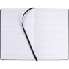 A blackbound journal with lined pages and a ribbon bookmark, open to display the interior.