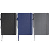 Three notebooks in black, blue, and grey with elastic closures and pens attached. Each has a textured finish.