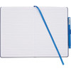 A bound journal with a blue cover, lined pages, a blue ribbon marker, and a blue pen attached.
