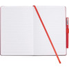 A bound journal in red featuring lined pages, a matching ribbon bookmark, and a pen holder.