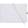 A hardbound journal with lined pages and a ribbon marker, featuring a grey cover.