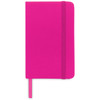 A vibrant pink pocket notebook with an elastic band and a ribbon bookmark, featuring a logo.