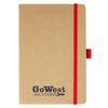A brown journal with a red elastic band, featuring a logo on the front cover.