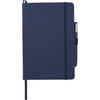 A navy blue hardbound journal with an elastic closure and a pen loop, featuring a logo on the cover.