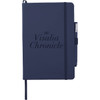 A navy blue hard-bound journal with an elastic closure and a pen loop, featuring branding on the cover.